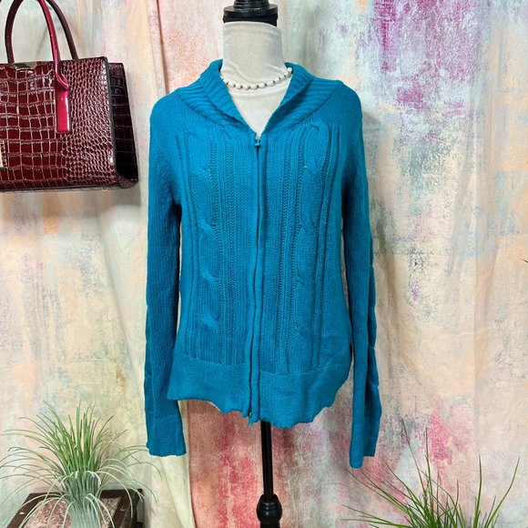 πCarol Rose Turquoise 2-Way Zipper Acrylic Cable Pattern Long Sleeves Cardigan - Picture 3 of 16